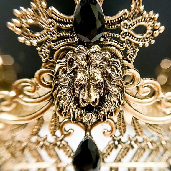 Vintage Lion King Crown, Black Crystal Crown for Groom, Prom Crown, Gold Crown - Picture 2 of 9